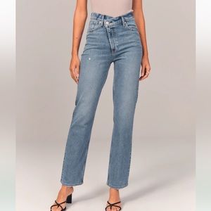 abercrombie the 90s straight ultra high rise criss cross waist jeans medium wash